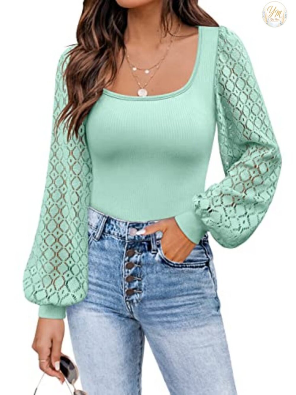 Mesh Long Sleeve Square Neck Puff Sleeve Blouse